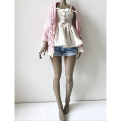 HC JOA Oversized Knit Cardigan with pocket and lace PINK